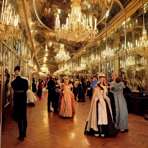 Prompt: a victorian style party in the hall of mirrors