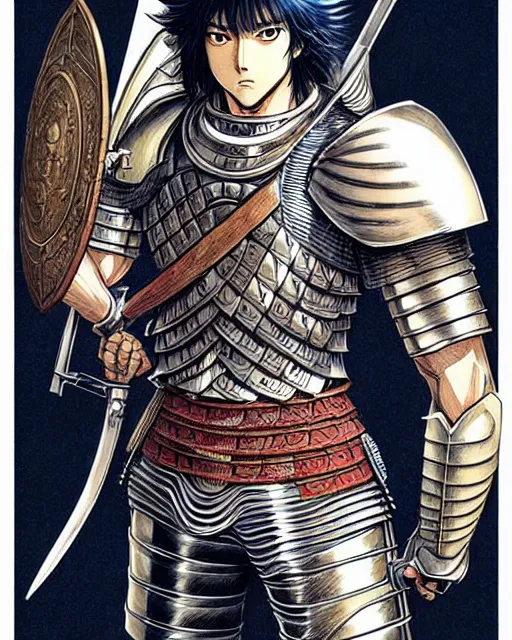 Image similar to illustration of a strong warrior man, knight || VERY VERY ANIME!!!, fine-face, realistic shaded perfect face, fine details. Anime. realistic shaded lighting poster by katsuhiro otomo, ghost-in-the-shell, ayami kojima