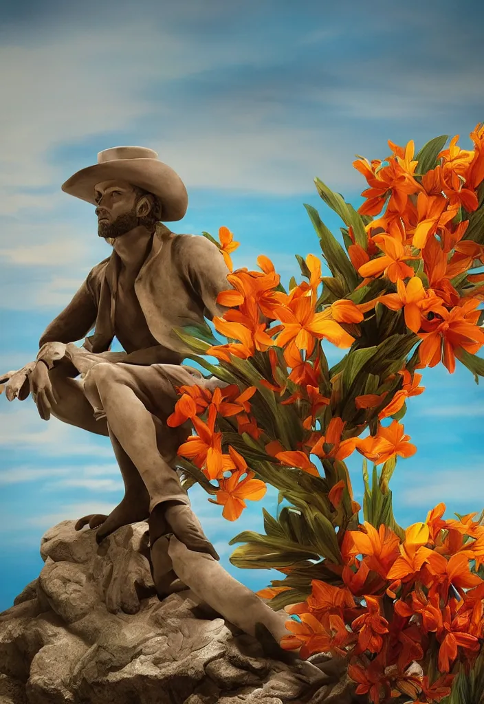 Image similar to A cowboy turning into blooms. tropical sea slugs. complementary colors. national geographic. 8k, rendered in octane, smooth gradients. sculpture by antonio canova