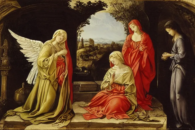 Image similar to the three marys at the sepulchre. 2 angels. giovanni battista gaulli