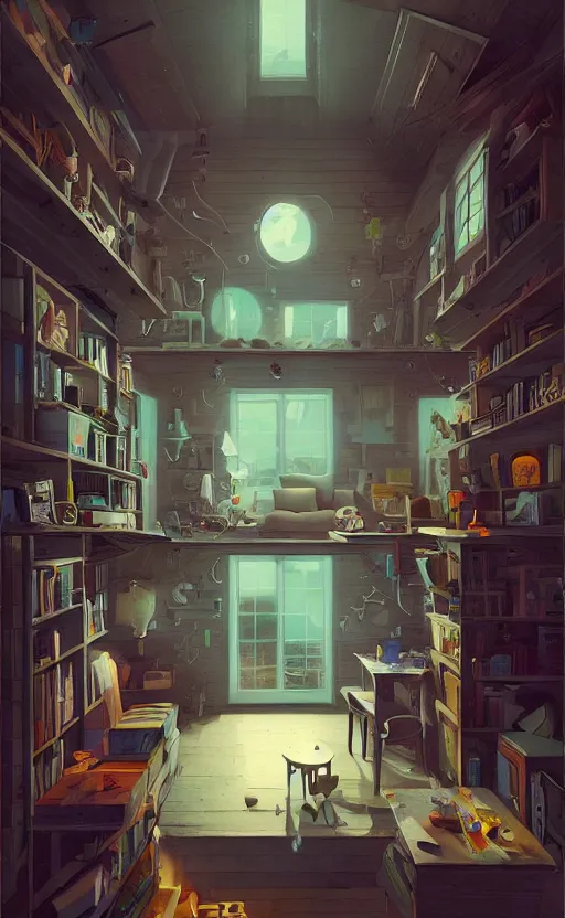 Image similar to Interior shot of a cozy loft by Petros Afshar and Beeple, James Gilleard, Mark Ryden, Wolfgang Lettl highly detailed