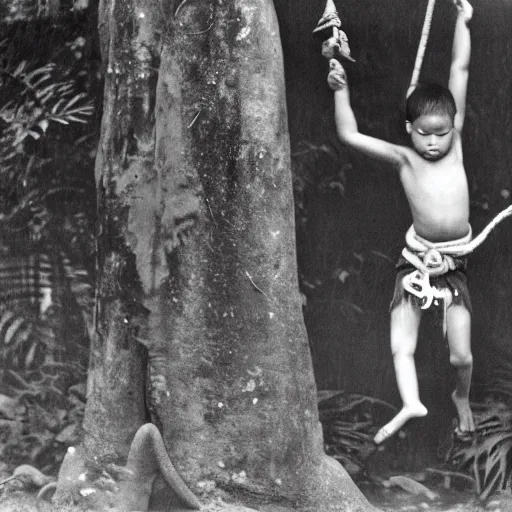 Image similar to A photograph of a young boy swinging from a lian wearing a Loincloth, ragged shirt in a rain forest