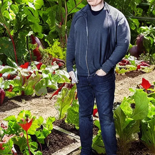 Image similar to Elon Musk skin like beets, in the garden, super realistic photo