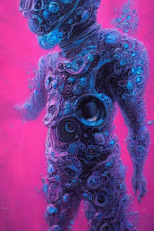 Image similar to close up shot of a full body floating astronaut portrait water elemental fading into water, high contrast, james gurney, peter mohrbacher, mike mignola, black paper, mandelbulb fractal, trending on artstation, exquisite detail perfect, large brush strokes, bold pinks and blues tones, intricate ink illustration, black background