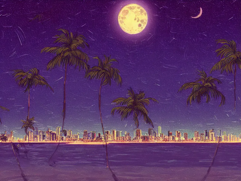 Image similar to night on a summer miami beach, city on the background, palm trees, footprints in the sand, full moon reflected in the calm ocean, starry sky 8 k, ultra detailed, trending on artstation, digital painting, synthwave style