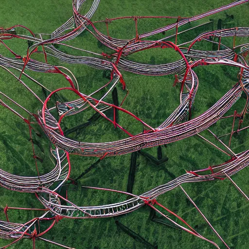 Image similar to a rollercoaster, tracks of barbed wire, birds eye view, hyperrealistic