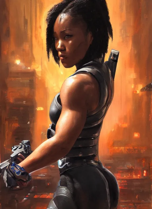 Image similar to black chun li teaching martial arts. cyberpunk police trooper in a military vest ( blade runner 2 0 4 9, cyberpunk 2 0 7 7 ). orientalist portrait by john william waterhouse and james gurney and theodore ralli and nasreddine dinet, oil on canvas. cinematic, hyper realism, realistic proportions, dramatic lighting, high detail 4 k