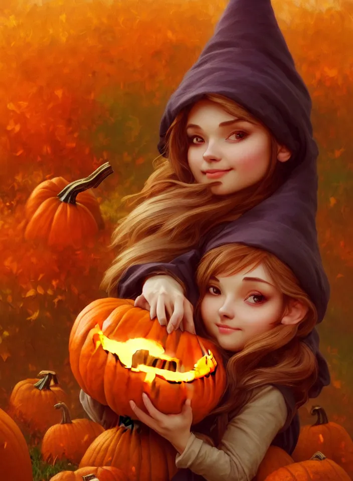 Image similar to hand drawn cute one gnomes face in autumn disguise holding pumpkin, detailed closeup face, concept art, low angle, high detail, warm lighting, volumetric, godrays, vivid, beautiful, trending on artstation, art by artgerm and greg rutkowski and alphonse mucha