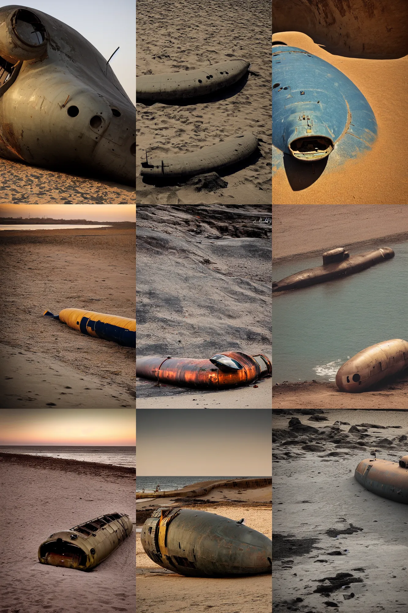 Prompt: beached submarine in the middle of sanaa, curvilinear, up close, climbing, beaching, rust, sadness, golden hour