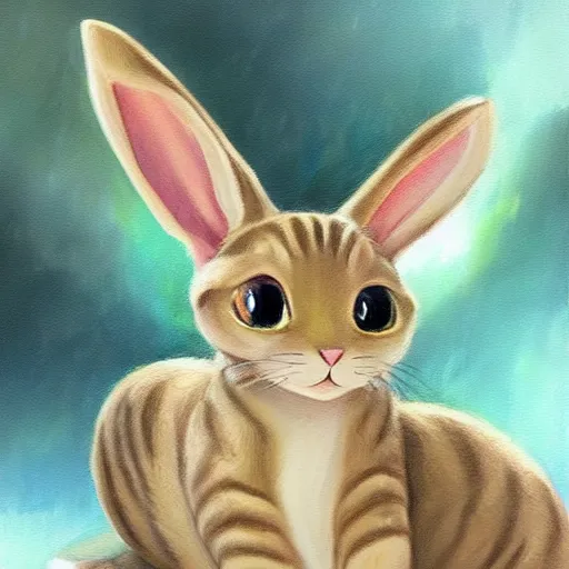 Image similar to realist detailed painting concept art of a cute beige cat with big green eyes, long floppy rabbit ears, and long tail, in the art style of nakanoart, ebbarie, kajenna