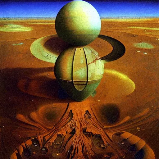 Image similar to aerial shot of fantastic machinery terraforming Venus, in the style of zdzisław beksiński, composition by hieronymus bosch,