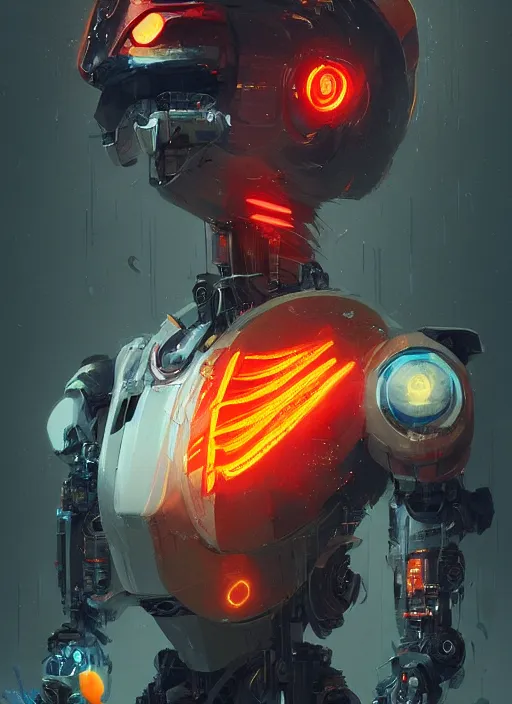 Image similar to a robotic man, cyberpunk, koi fish, orange spike aura, detailed artwork trending on artstation by greg rutkowski