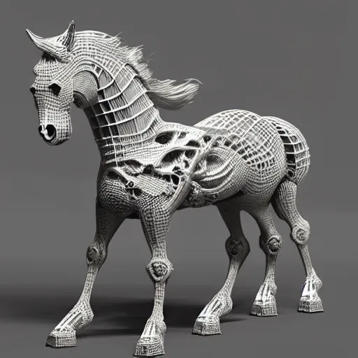 Prompt: biomechanical horse made of marble and crystal, fractal 3 d structure, intricate details, octane render, soft lighting