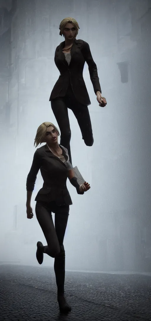 Image similar to beautiful annie leonhart running on high heels with open toe in dunwall city, redshift render, beautiful face, detailed face, cinematic lighting, rainy weather, melancholy atmosphere, volumetric light, octane render, dishonored 1, gothic architecture, realistic reflections, octane render 8 k, model women