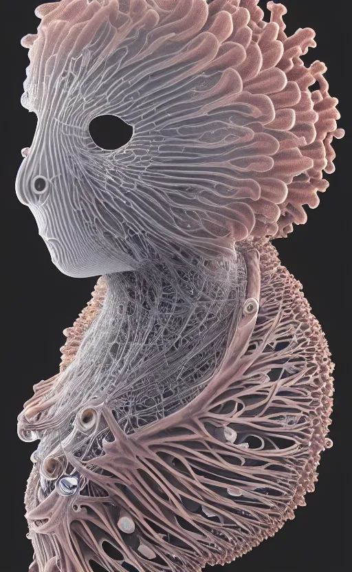 Image similar to portrait intricate mask, eagle coral, jelly fish, mandelbulb 3 d, fractal flame, octane render, cyborg, biomechanical, futuristic, by ernst haeckel