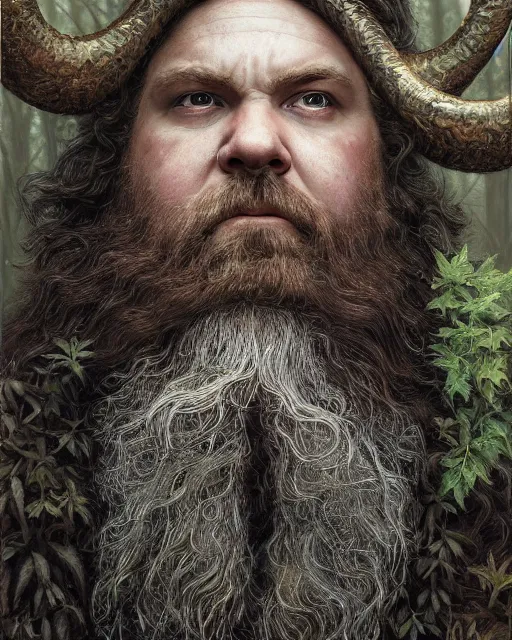 Image similar to patrick rothfuss as a forest druid with ram horns and leaves in his beard | highly detailed | very intricate | symmetrical | cinematic lighting | award - winning | closeup portrait | painted by donato giancola and mandy jurgens and magali villenueve | featured on artstation, promotional still