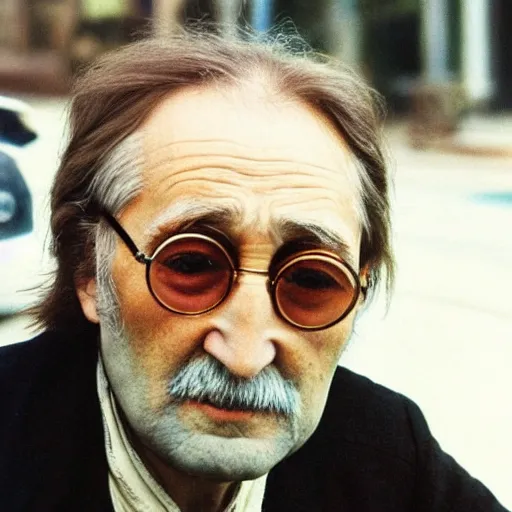 Image similar to A colored colorized photograph of old John Lennon as an old man in his eighties with short hair in the 2010s, John Lennon, taken in the late 2010s, taken on a 2010s Camera, realistic, hyperrealistic, very realistic, highly detailed, very detailed, extremely detailed, detailed, digital art, trending on artstation, headshot and bodyshot, detailed face, very detailed face, very detailed face, real, real world