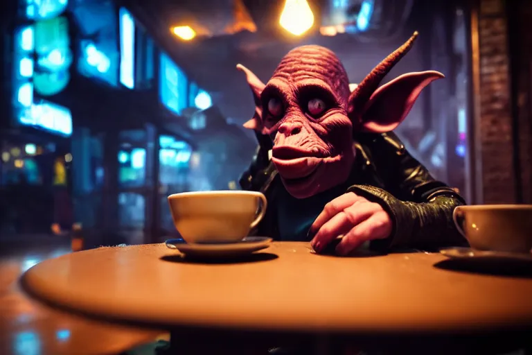 Prompt: a bored male goblin punk sitting alone at a table in a cafe in a cyberpunk city, close up shot, sharp focus, shallow depth of field, highly detailed face, 8k, unreal engine 5, cinematic lighting, vivid elegant fantasy concept art, character art, cold blue neon atmosphere, artstation, deep complimentary colors, volumetric lighting, photorealistic, hyperdetailed 3D matte painting, hyperrealism, hyperrealistic masterpiece