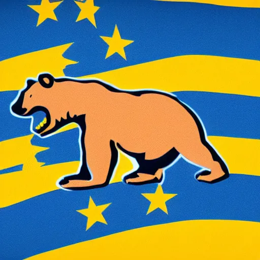 Image similar to California state flag with a robot riding on top of the bear