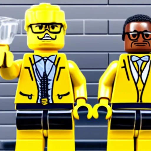 Image similar to LEGO Walter White and LEGO Gus Fring cooking meth with LEGO Obama in yellow jumpsuits