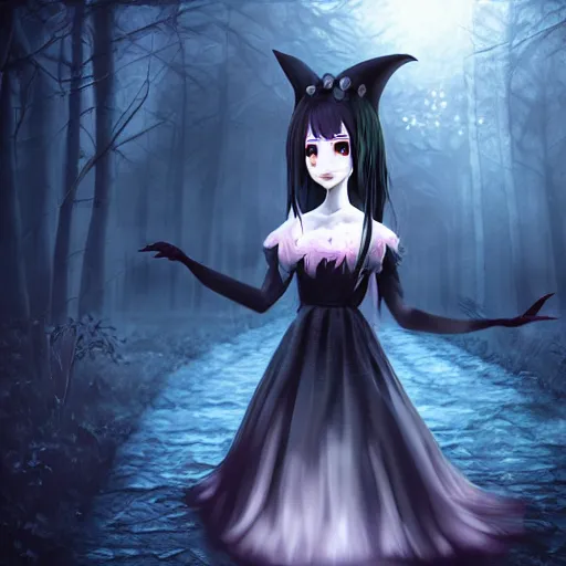 Image similar to portrait of beautiful darkness witch as a 3D anime girl, dark forest moonlight background, inspired by Tim Burton, digital painting, unreal engine render, volumetric light, high détail