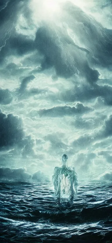 Image similar to giant creepy monster made of water, made of liquid, rising up from ocean, water armor, high detail, high contrast, close up portrait, studio lighting, stormy seas, beautiful, bokeh, snowy, storm clouds, god rays, d & d, fantasy, elegant, aquamarine color palette, concept art, roger deakins and greg rutkowski and alphonse mucha