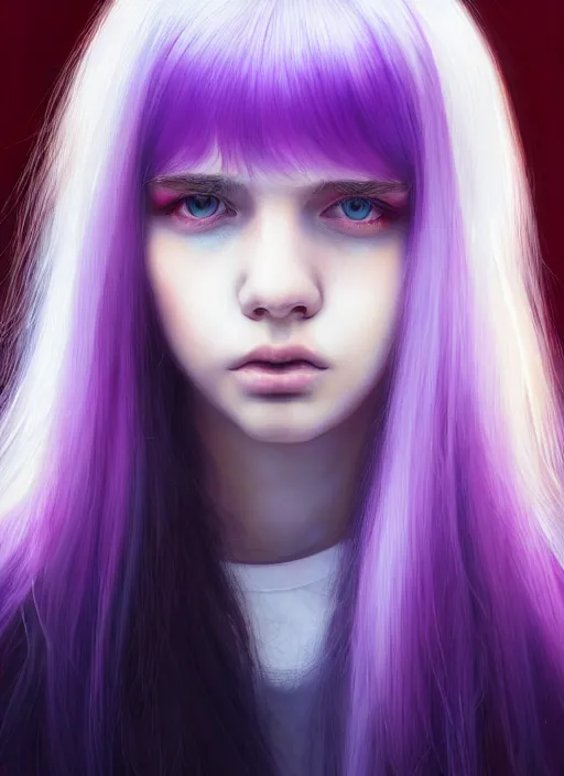 Image similar to hair whitebangs hair, black hair, whitebangs, portrait of teenage girl with white bangs, red irises, purple clothes, white bangs, bangs are different color from hair, intricate, elegant, glowing lights, highly detailed, digital painting, artstation, concept art, smooth, sharp focus, illustration, art by wlop, mars ravelo and greg rutkowski