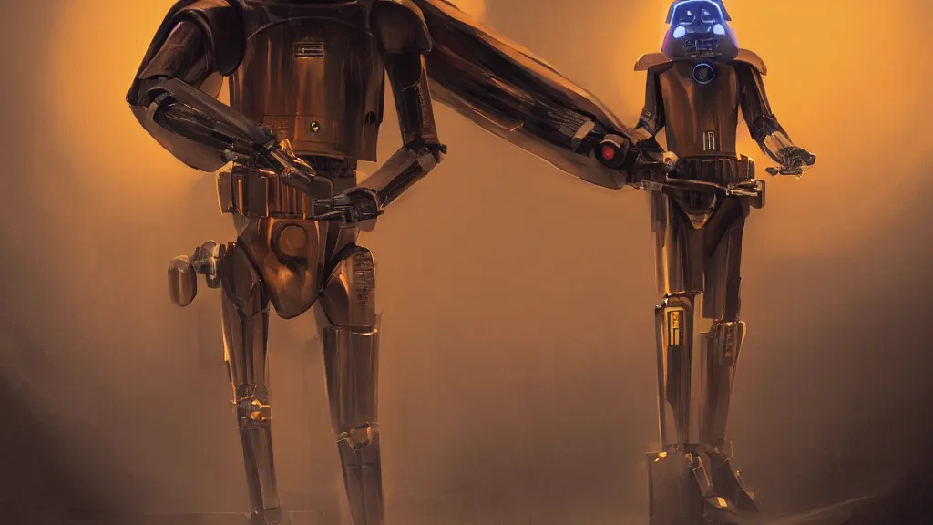 Image similar to A KX-Series security droid from star wars wearing a hooded cloak, he is wielding an orange lightsaber, dreamscape, dramatic lighting, fantasy art illustration, trending on artstation, Aetherpunk