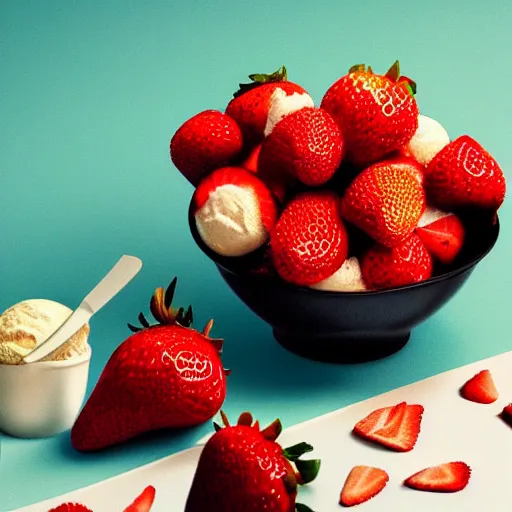 Image similar to a bowl of strawberries next to a can of ice cream, a still life by dahlov ipcar, pinterest contest winner, kitsch movement, vray tracing, y 2 k aesthetic, octane render