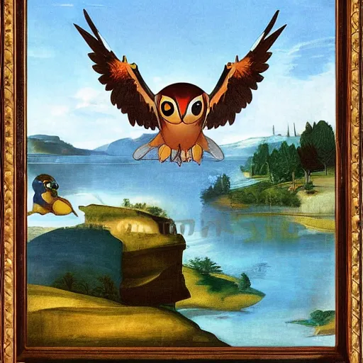 Prompt: Pokemon Noctowl flying above a lake painted by Caravaggio. High quality.