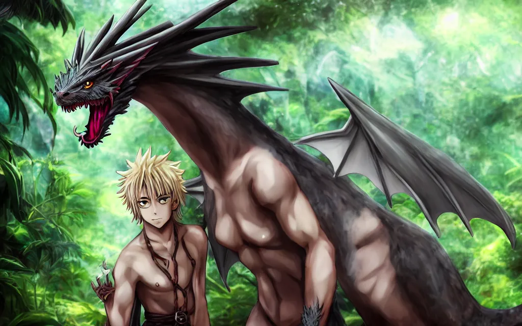 Prompt: handsome anime dragon in Amazon rainforest, dnd character, background focus, fantasy, magic, realistic textured skin, clear clean, by lya