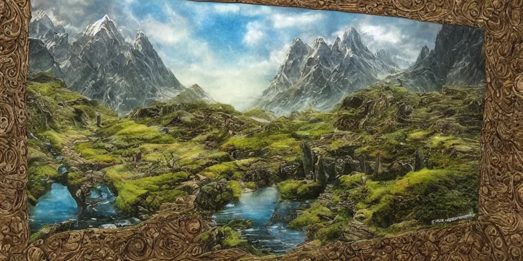 Image similar to a beautiful middle earth landscape by barbara remington