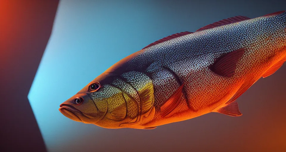 Image similar to a beautiful painting of a redfin perch, octane render, intricate, ultra wide angle, trending on artstation, black light, volumetric lighting, ray lighting from top of frame, crepuscular ray lighting from above, dynamic lighting, muted colors, polished, micro details, ray tracing, 8 k