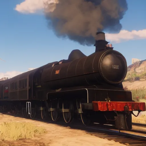 Image similar to futuristic sleek steam locomotive in red dead redemption 2