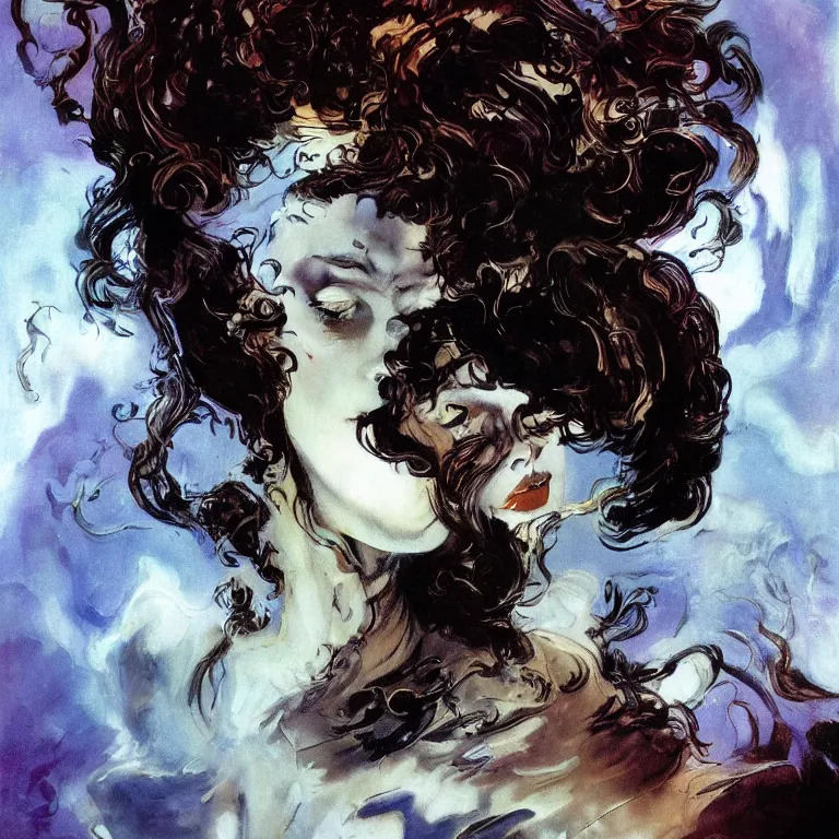 Image similar to portrait of a woman with swirling hair and fractal skin by frank frazetta, retrofuturism, psychedelic art reimagined by industrial light and magic