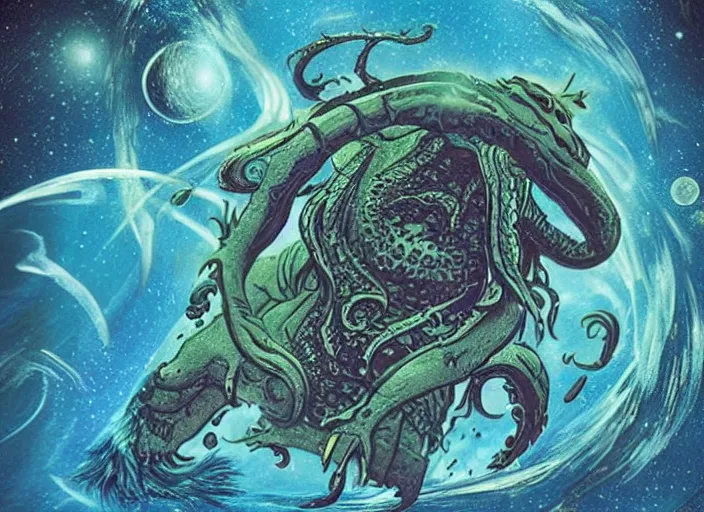 Image similar to a picture of a sea monster in the middle of the galaxy in the style of guillermo del toro