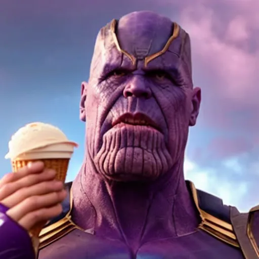 Image similar to film still of thanos eating an ice cream in the new avengers movie, 4 k