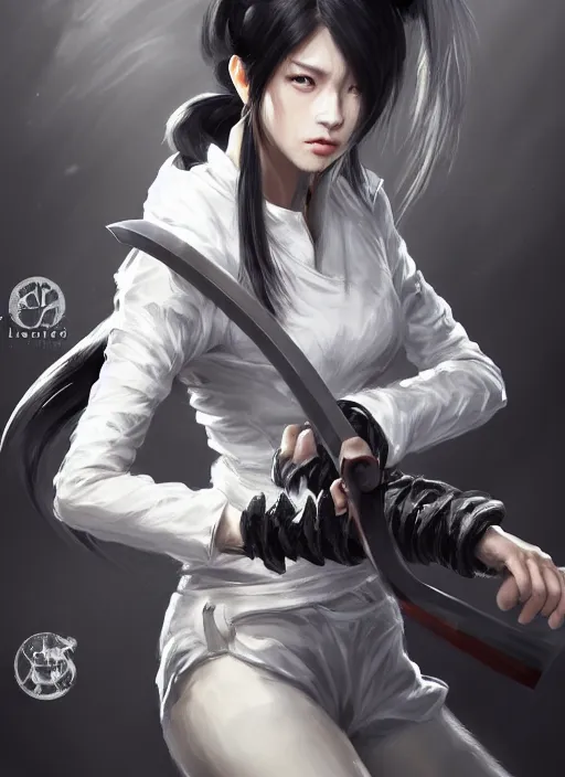 Image similar to a highly detailed illustration of fierce messy ponytail black haired one armed delinquent japanese woman wearing white cap wearing long white jacket, dramatic wielding katana pose, muscular, intricate, elegant, highly detailed, centered, digital painting, artstation, concept art, smooth, sharp focus, league of legends concept art, wlop.