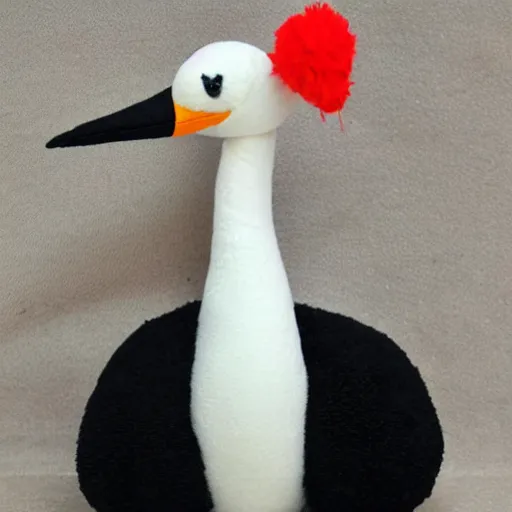 Image similar to plush of a stork wearing a black elegant suit