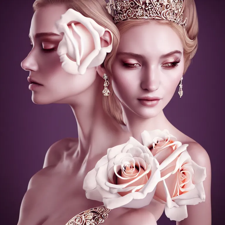 Image similar to wonderful princess with a clear skin ornate of cream liquid semi transparent roses, 8 k gorgeous delicate cream detailed, accent white lighting, dramatic light, octane render