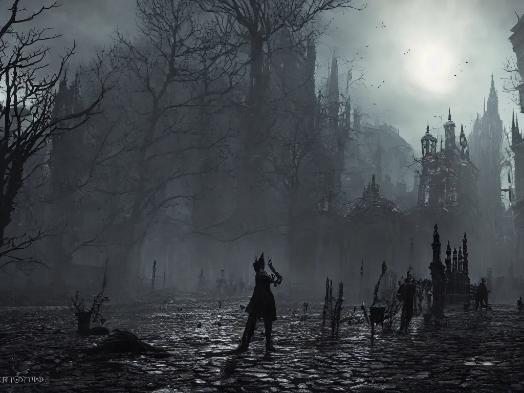 Image similar to bloodborne 2, dark, nighttime, victorian england style, horror, grotesque, serene, haunting, High Definition detail, 8K