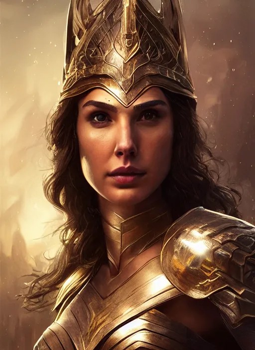 Prompt: portrait of gal gadot as a legendary knight warrior, au naturel, hyper detailed, digital art, trending in artstation, cinematic lighting, studio quality, smooth render, unreal engine 5 rendered, octane rendered, art style by klimt and nixeu and ian sprigger and wlop and krenz cushart.