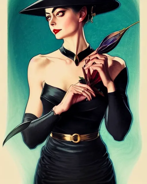 Image similar to style of j. c. leyendecker, artgerm : : gorgeous willa holland : : evil witch, swirling black magic, black dress : : symmetrical face, symmetrical eyes : : full body pose : : gorgeous black hair : : magic lighting, low spacial lighting : :