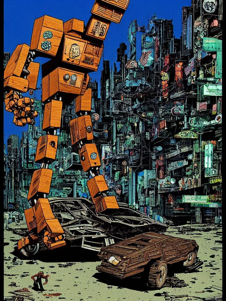 Image similar to an individual Giant wooden robot walking down the street, a crushed car is under the robot’s foot by Richard Corben, cinematic, cyberpunk, crime noir