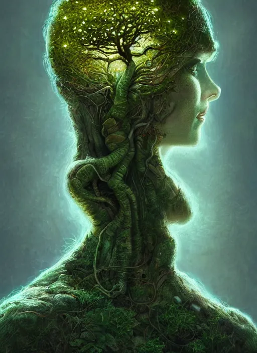 Prompt: Portrait of an Ancient Cyborg with a tree growing out of her head, moss, translucent leaves, extremly detailed digital painting, in the style of Tomasz Alen Kopera and Fenghua Zhong and Peter Mohrbacher, mystical colors, rim light, beautiful lighting, 8k, stunning scene, raytracing, octane, trending on artstation