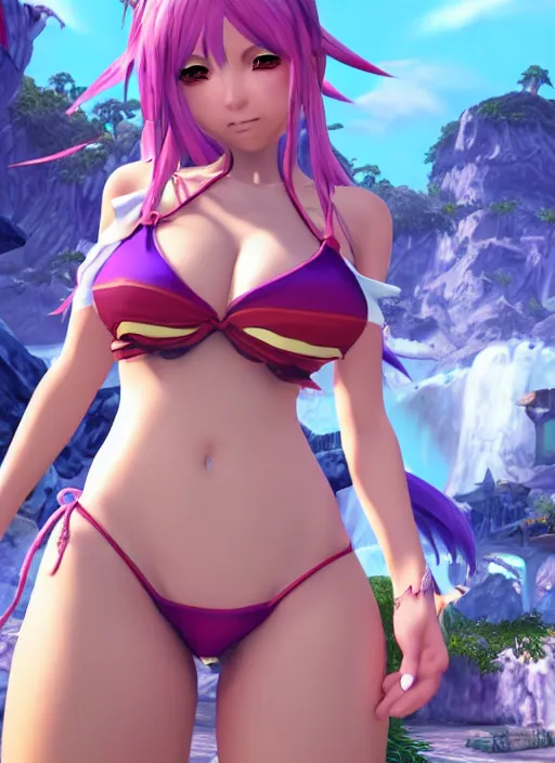 Image similar to Anime Girl in Bikini inside of a world of warcraft video game world, Unreal Engine, 8k, HD