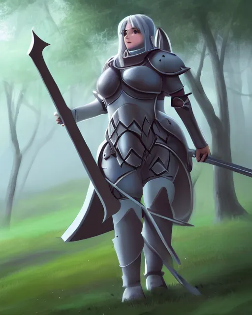 Prompt: concept art of a thicc knight girl, wearing heavy medival knight armor, holding a long sword, walking through a foggy oak forest | | epic - fine - clean, polished, trending on artstation, brush strokes