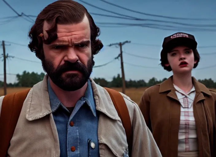 Prompt: film still of jim hopper as joyce byers in stranger things, 8 k