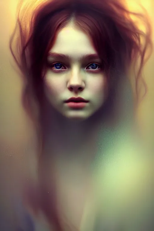 Image similar to beautiful photograph by alexey gurylev, portrait in the center of the face, wonderful eyes, cottage care, self - confident, fog, rain, volumetric lighting, soft light particles floating next to her, illustration, perfectly shaded, often drawn, works by krenz kushart, wenjun lin, alphonse mucha