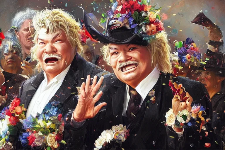 Image similar to portrait of rip taylor throwing confetti during a funeral service, an oil painting by ross tran and thomas kincade